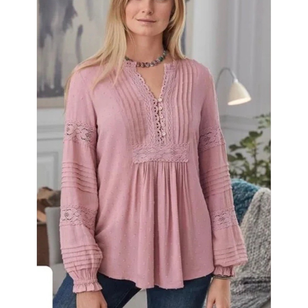 SUNDANCE Cottage Crochet Lace Long Sleeve Rayon Blouse Peasant Boho‎ Pink Sz M